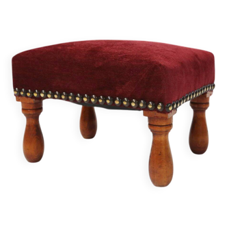 Vintage Art Deco Stool in Red velvet with wooden legs, 1930s