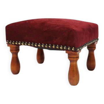 Vintage Art Deco Stool in Red velvet with wooden legs, 1930s