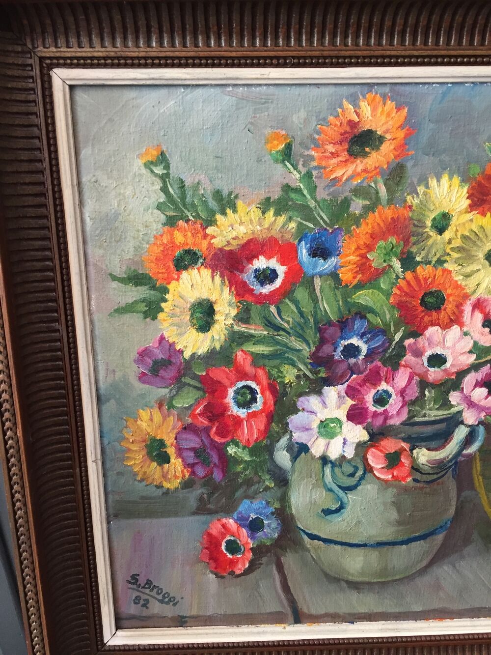 Bouquet of flowers signs S. Broggi 82 canvas on isorel