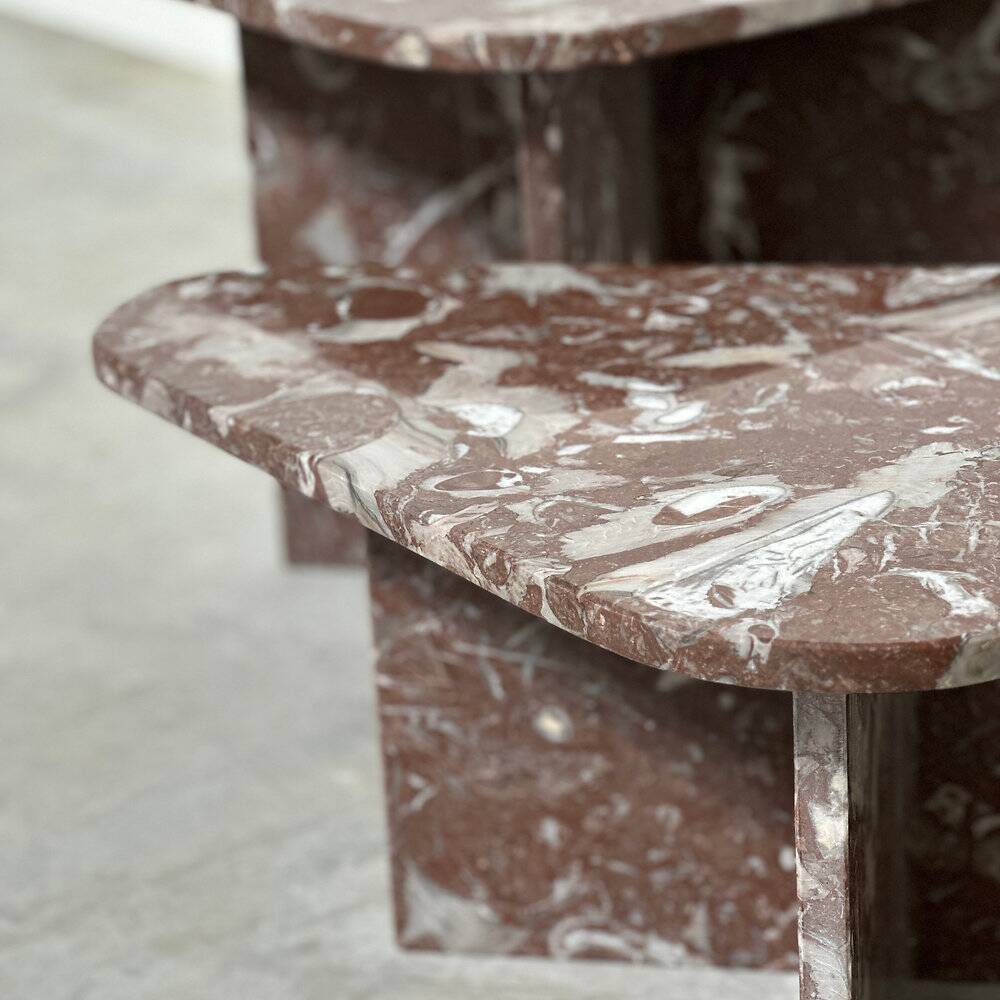 Set of 2 Belgian Rouge Griotte marble coffee tables, vintage postmodern nesting
