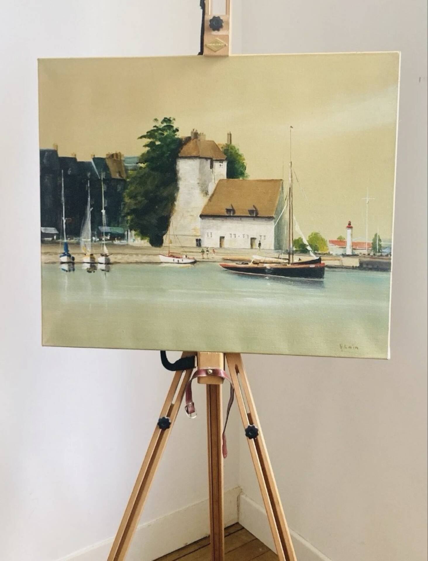 Oil painting on canvas of the old port of Honfleur signed Alain Huin.