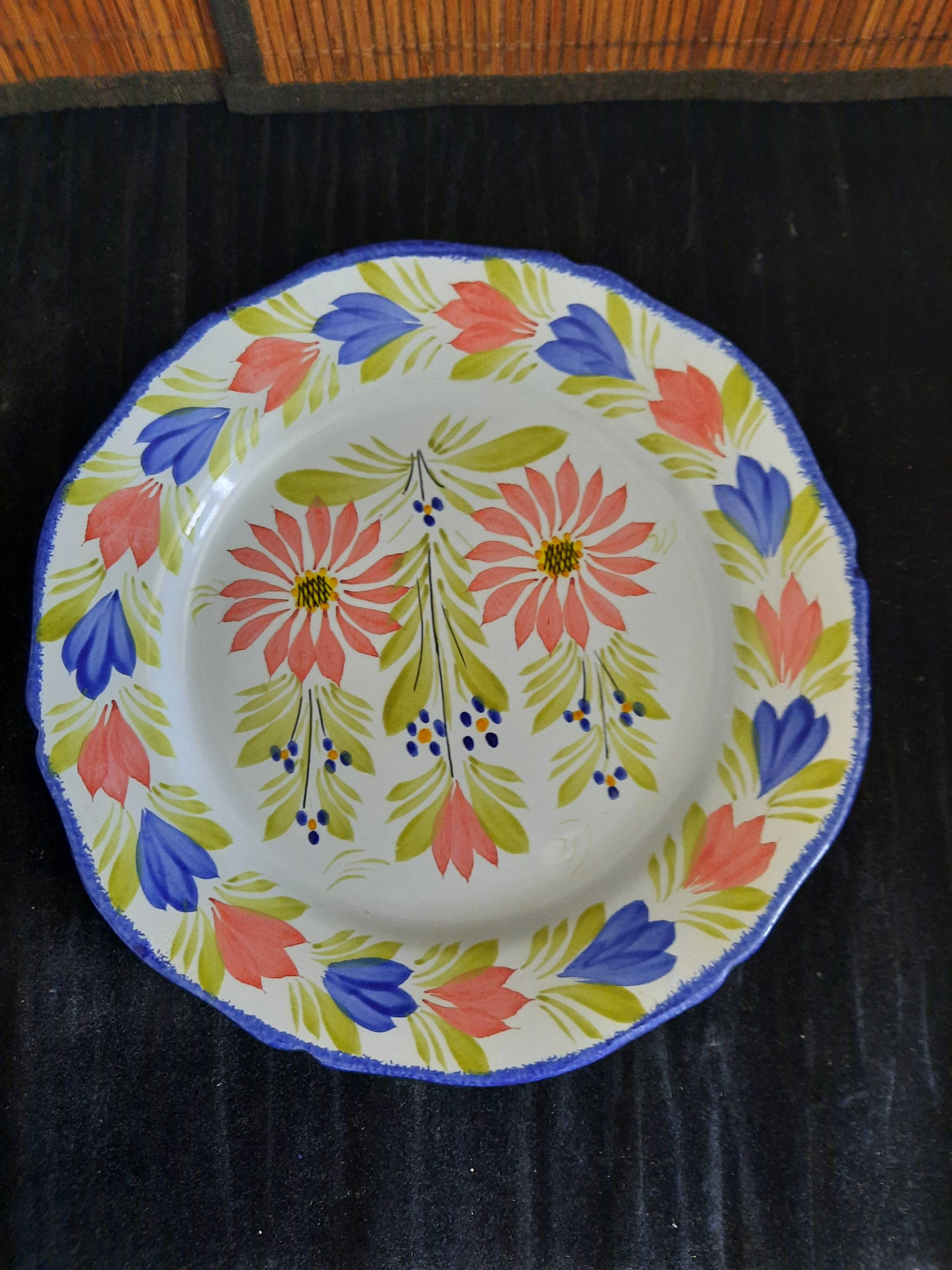Old flat plate faience hb quimper hand-painted floral decoration