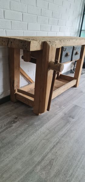 Old carpenter's workbench two drawers, industrial furniture