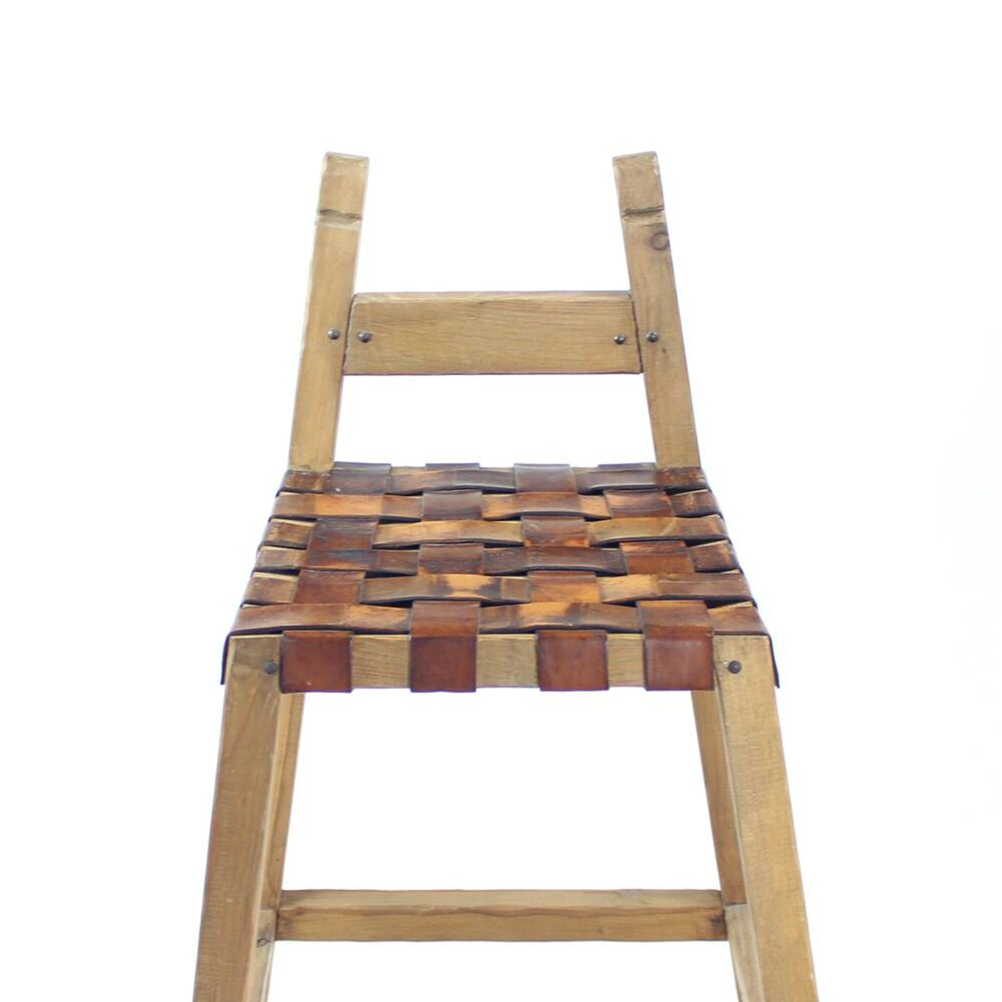 Large Vintage Bar Stool In Wood & Leather, Czechoslovakia 1950s