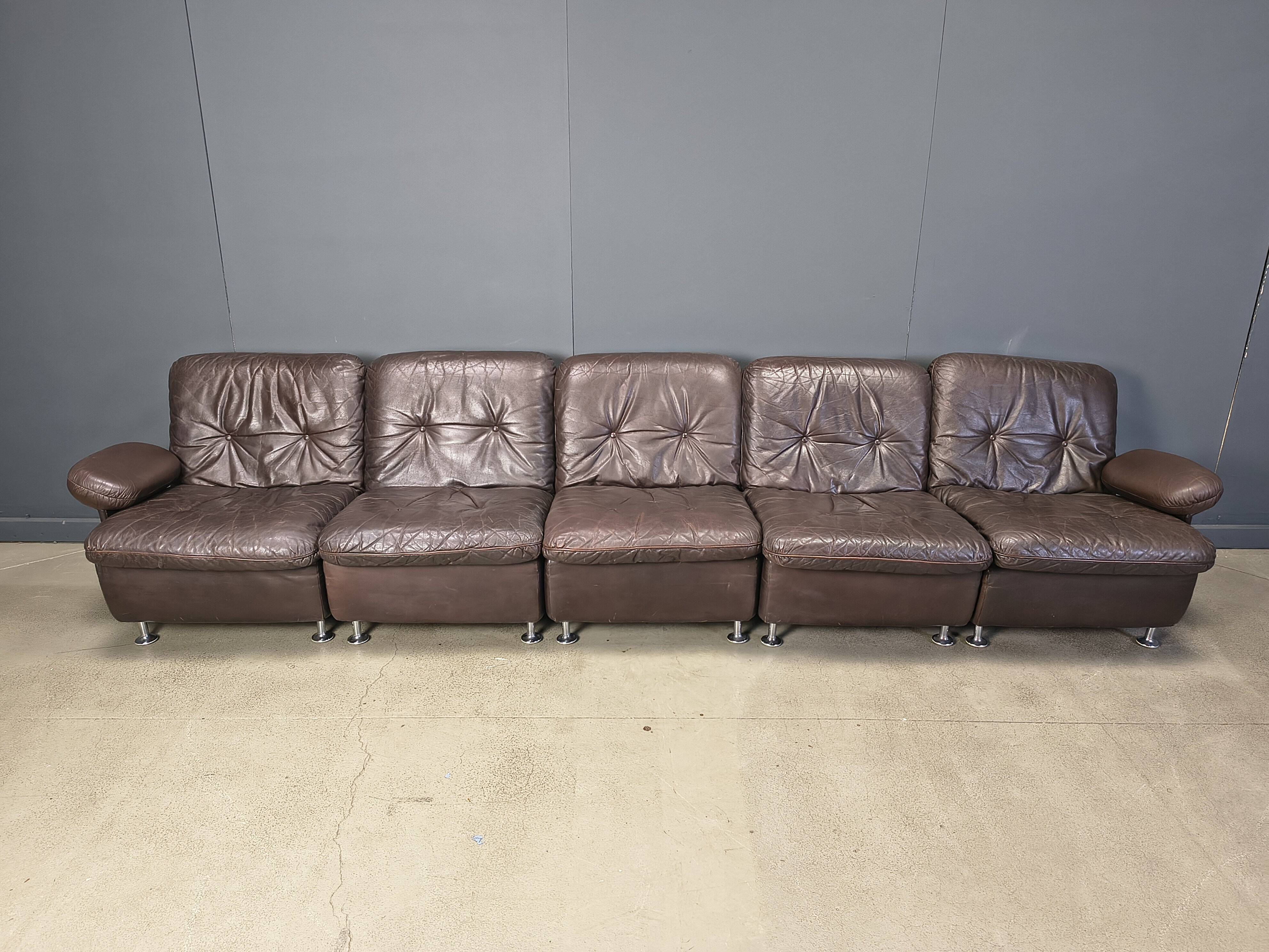 Modular vintage brown leather sofa, 1970s.