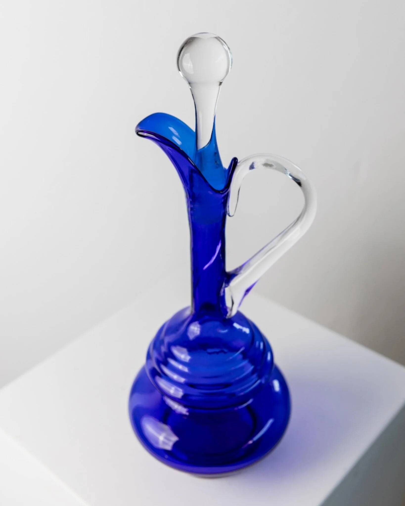 Murano cobalt blue glass carafe with clear handle and stopper - 1960s Italy, vintage mid-century design