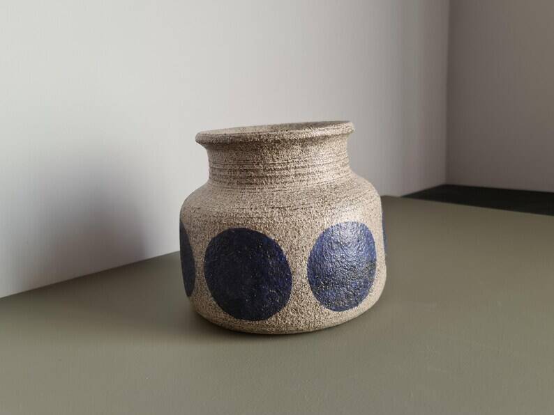 Mid-century modern stoneware vase with cobalt blue dots.