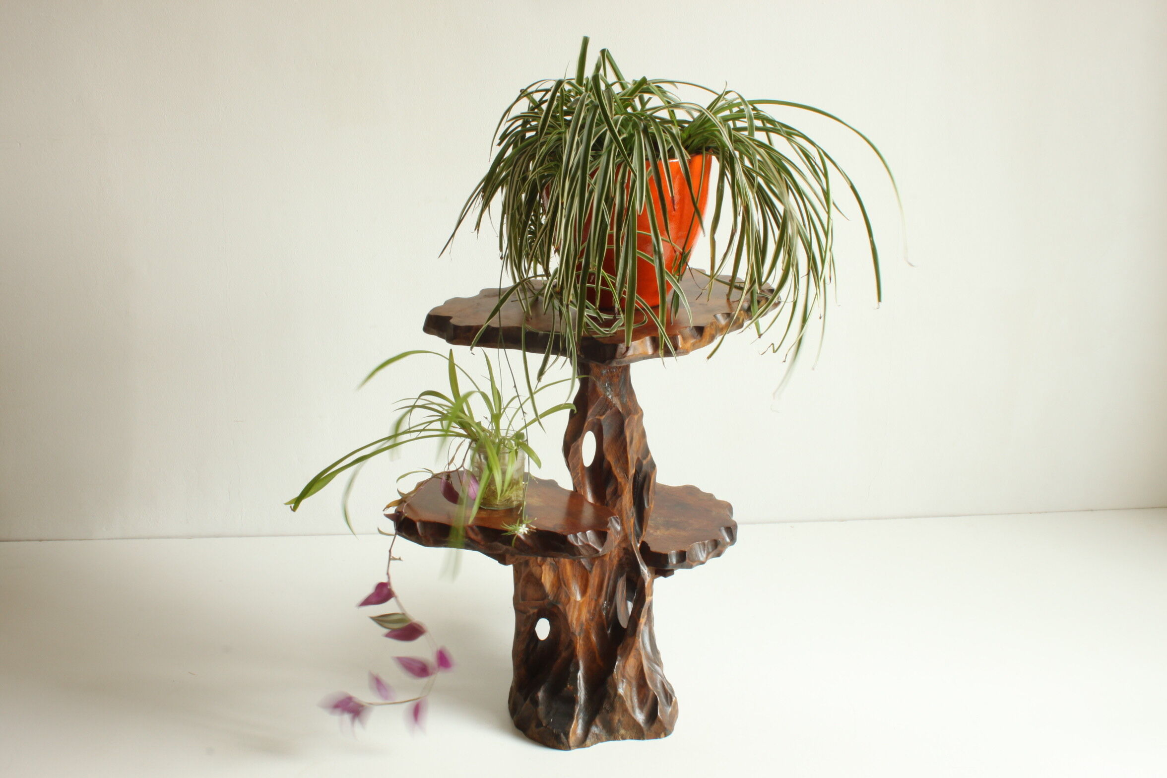 Wooden tree trunk organic carved plant stand side table, 1950s.