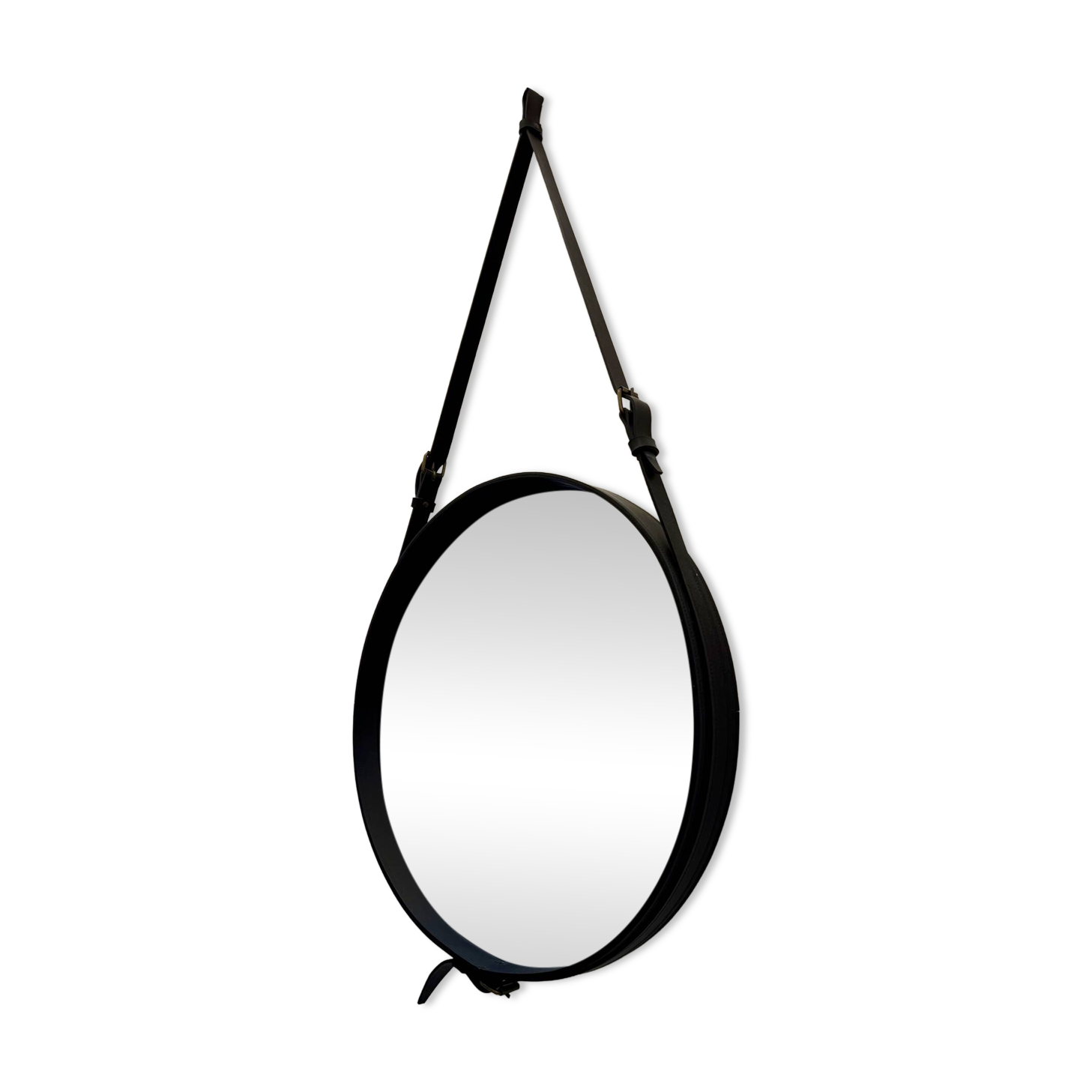 Round mirror covered in black leather in the style of Jacques Adnet.