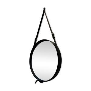 Miroir rond gainé de cuir noir