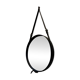 Round mirror covered in black leather in the style of Jacques Adnet.
