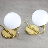 Vintage italian golden and opaline wall lamps, set of 2