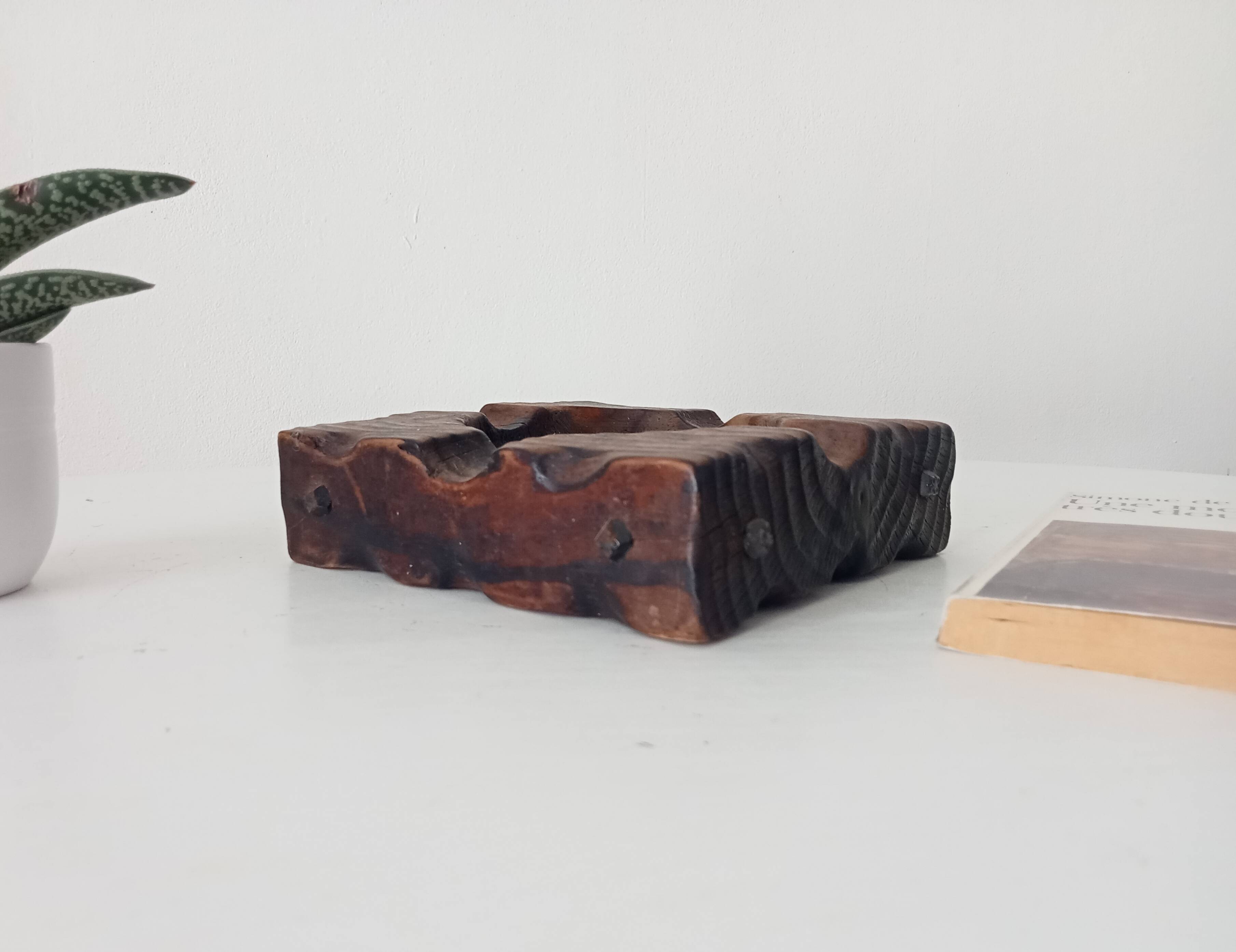 Brutalist vintage ashtray from the 1960s, carved wood.