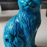 Pair of Chinese cats in turquoise blue enameled porcelain. Heights 20 & 17 cm