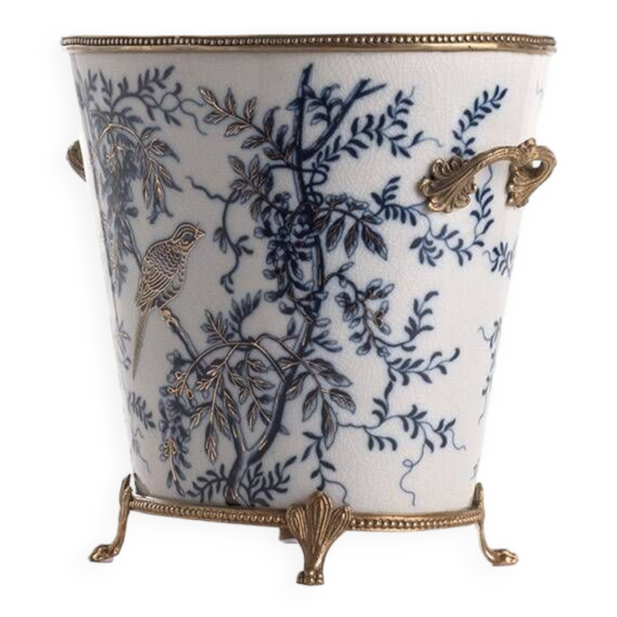 Oval bird cachepot porcelain and bronze