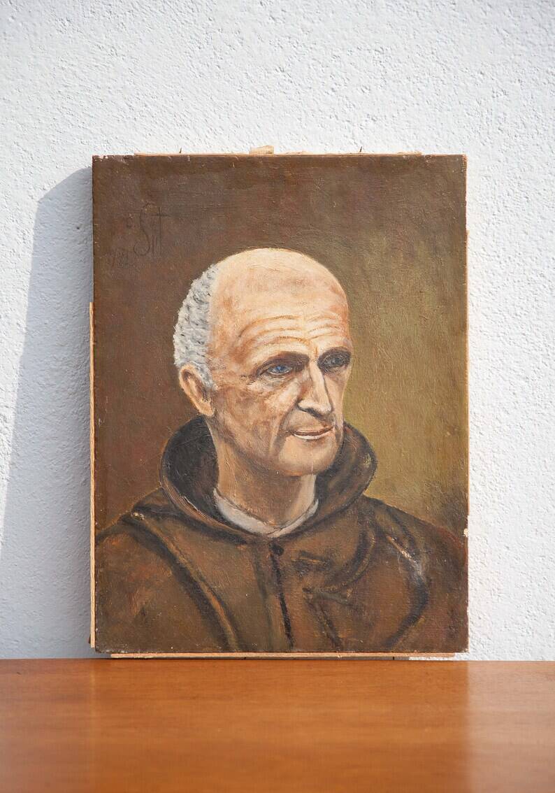 peinture vintage,peinture à l'huile, portrait moine, portrait homme, décoration mural, home decor
