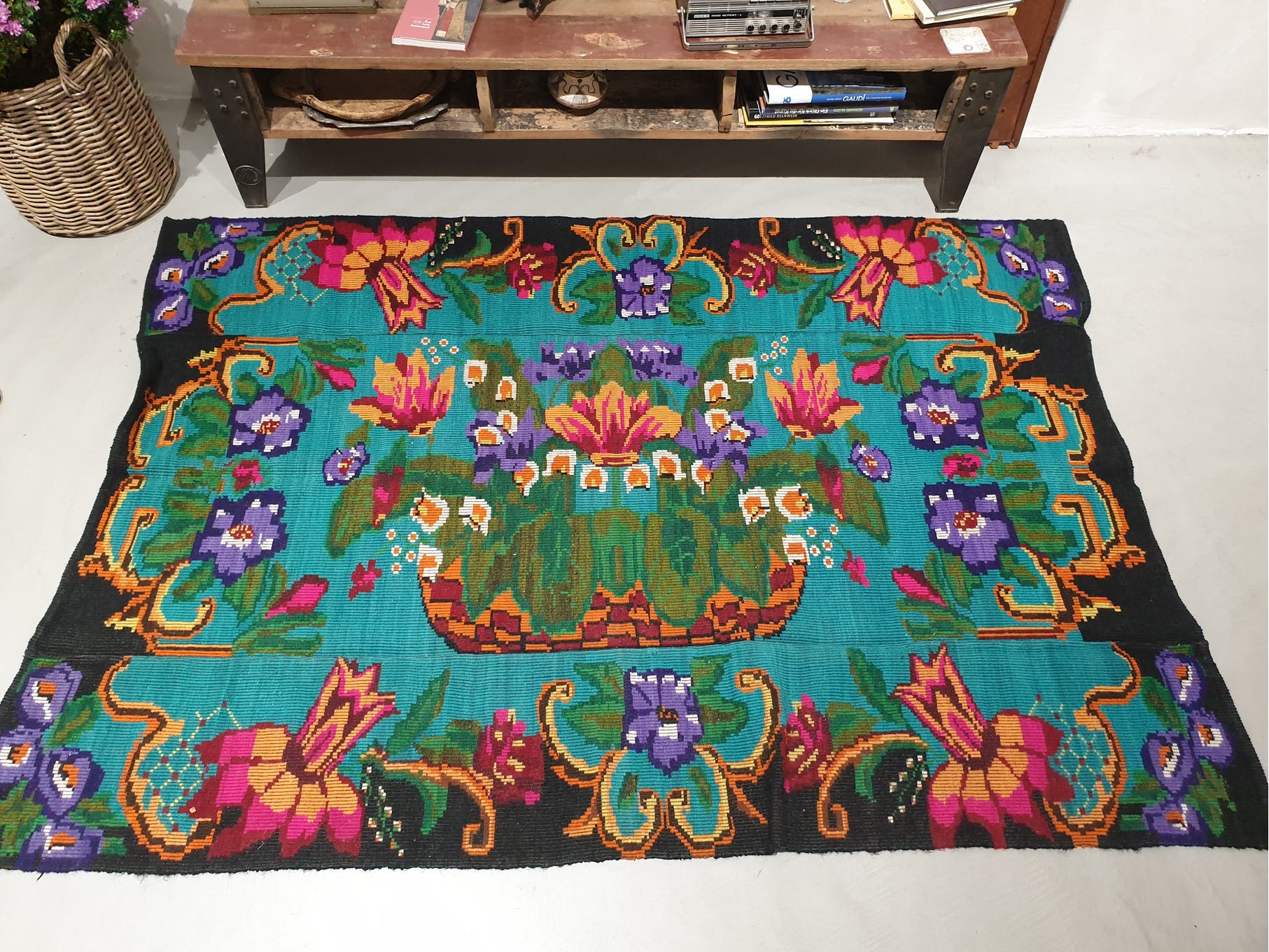 Turquoise floral wool rug, handmade in Romania. Vintage carpet 230X153 cm