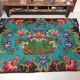 Turquoise floral wool rug, handmade in Romania. Vintage carpet 230X153 cm