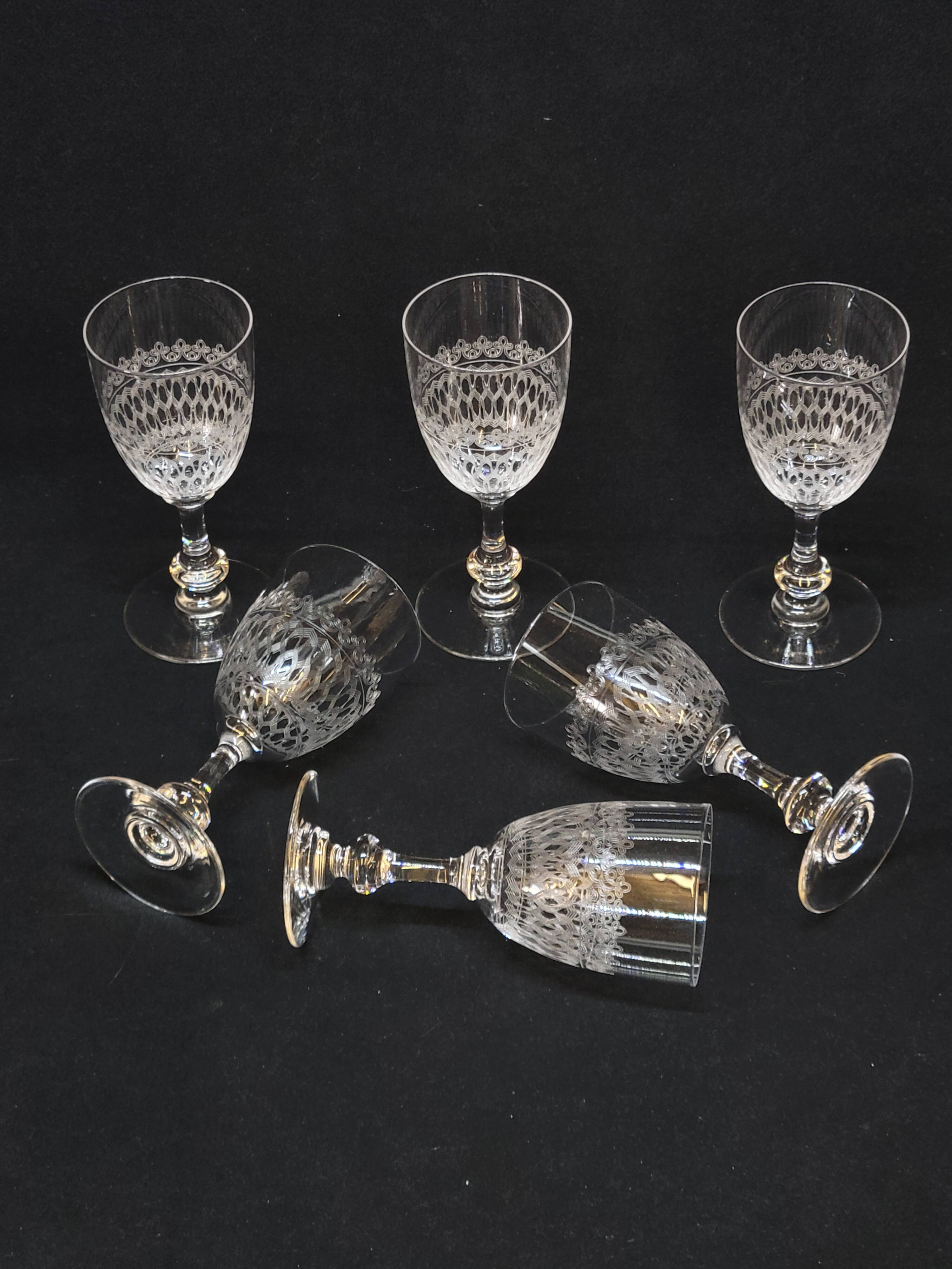 6 Antique Baccarat Crystal Engraved Wine/Port Glasses