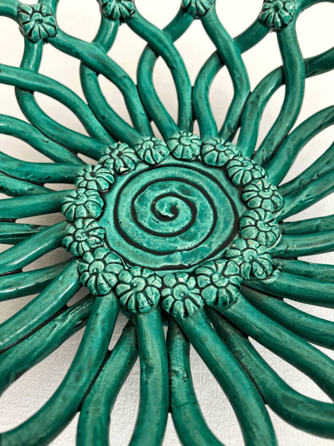 Vintage Vallauris green woven ceramic fruit bowl