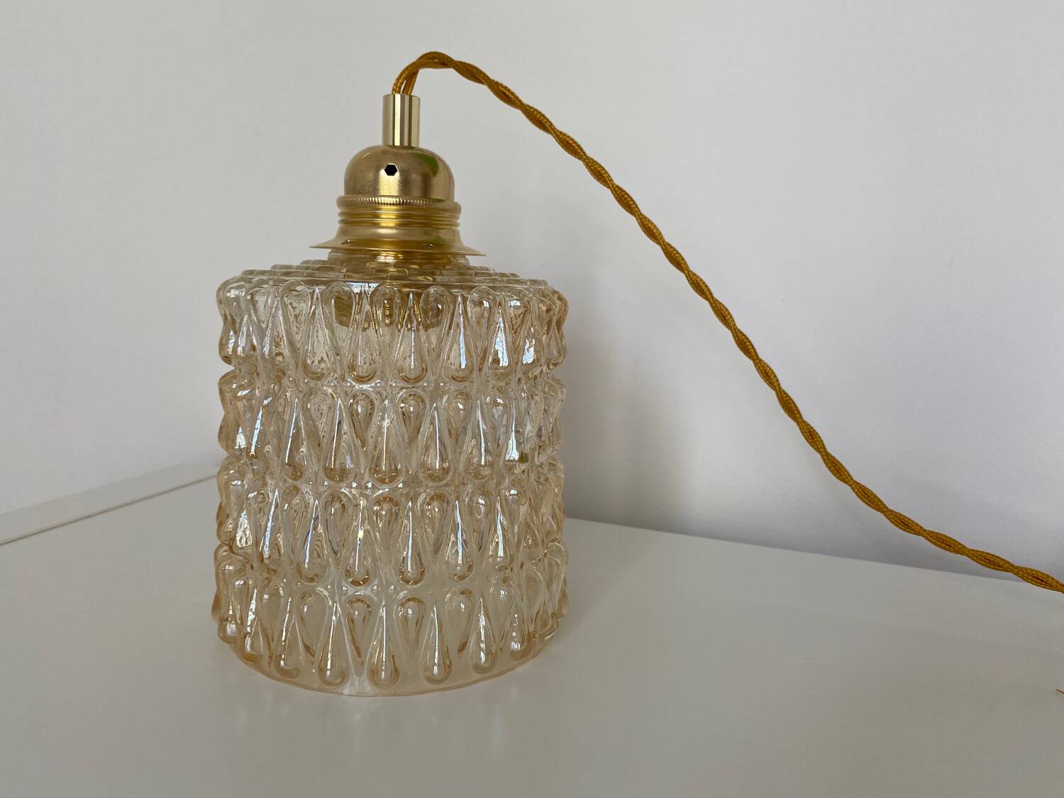 Walking lamp (or pendant light) with vintage amber glass globe