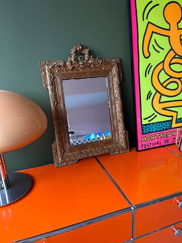 Miroir doré trumeau cheminée fin 19e ancien fronton sculpté