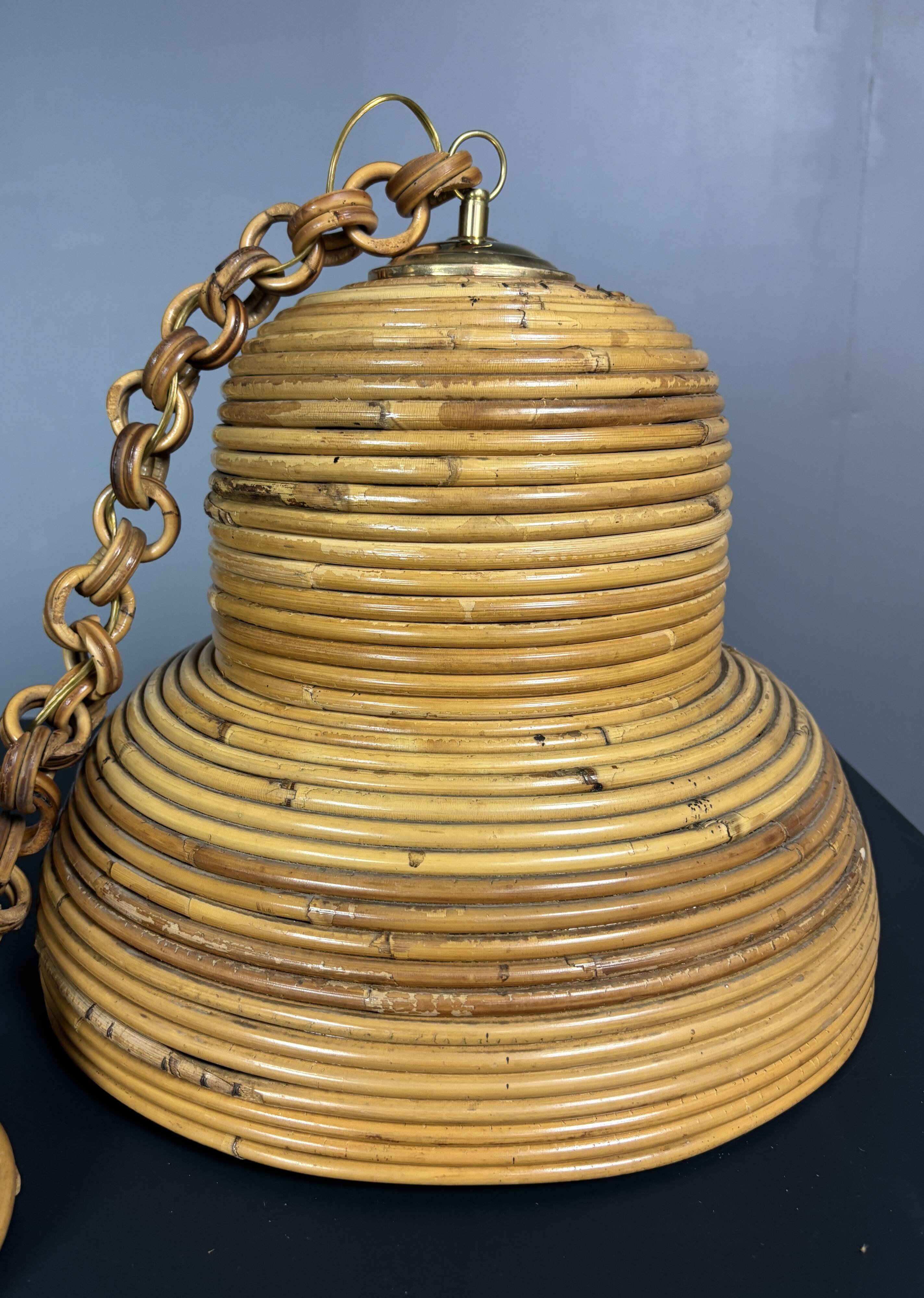 Midcentury Italian pencil reed rattan bamboo and brass hanging lamp pendant
