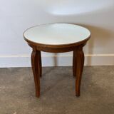 French Art Deco side table, 1930s vintage round wooden table with mirrored top