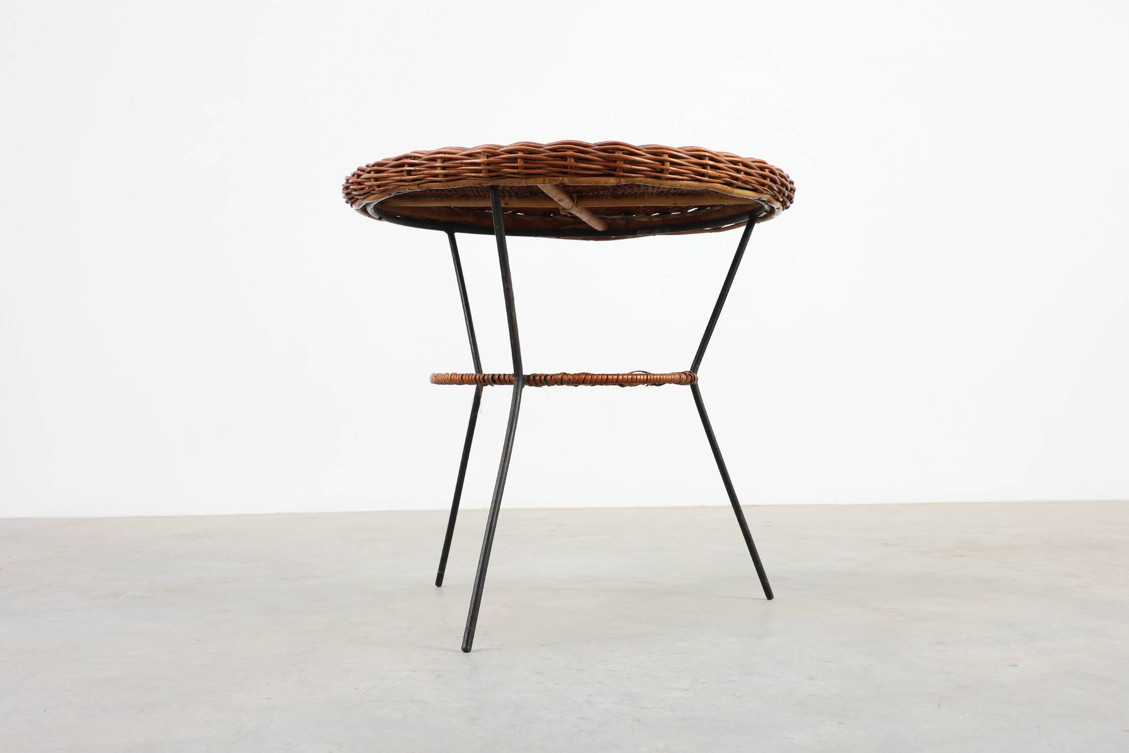 Mid-Century Woven Rattan, Wicker and Iron 2-Tier Round Coffee Table, Italy