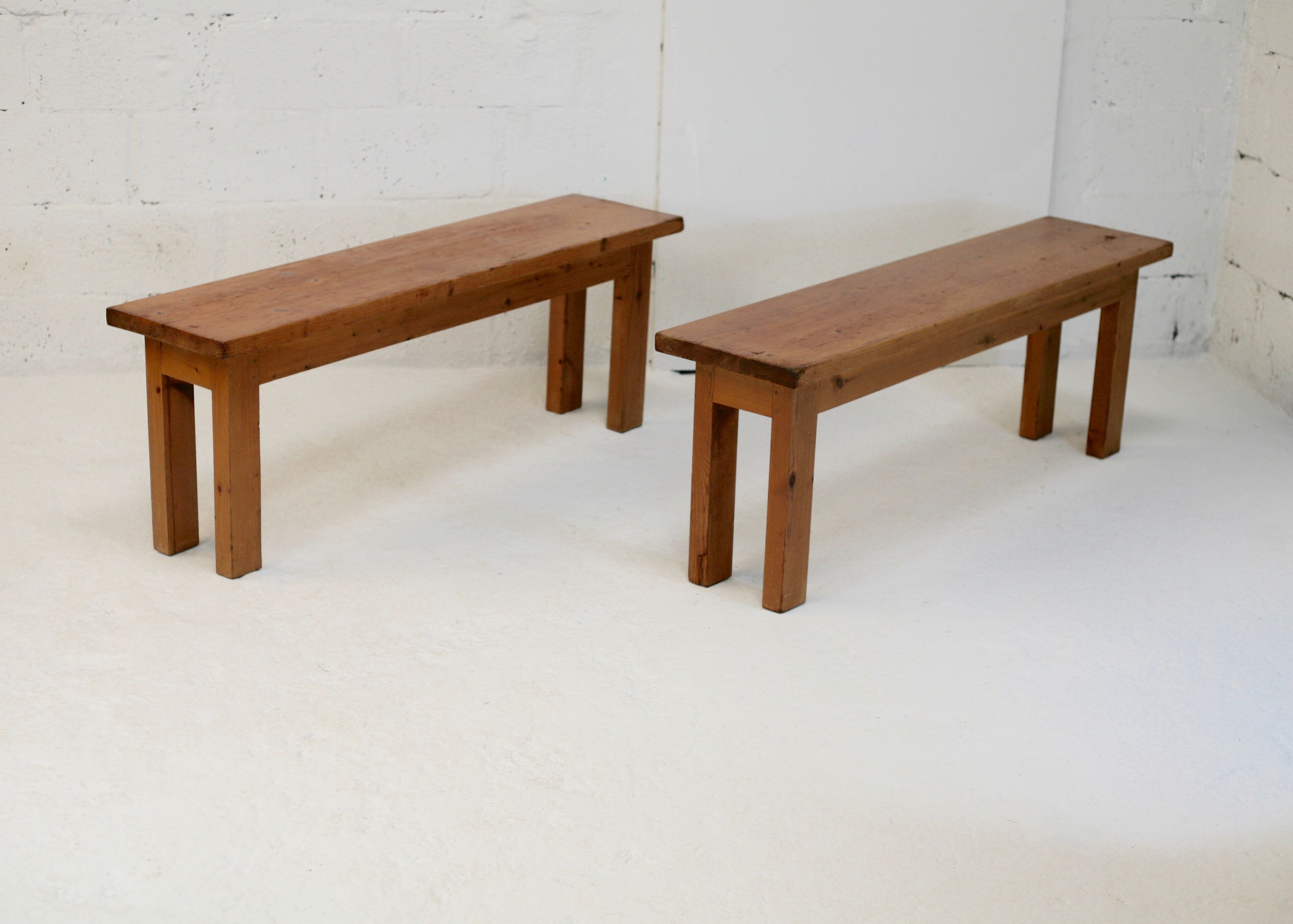 Pair of brutalist benches. Wood. France. Circa 1960.