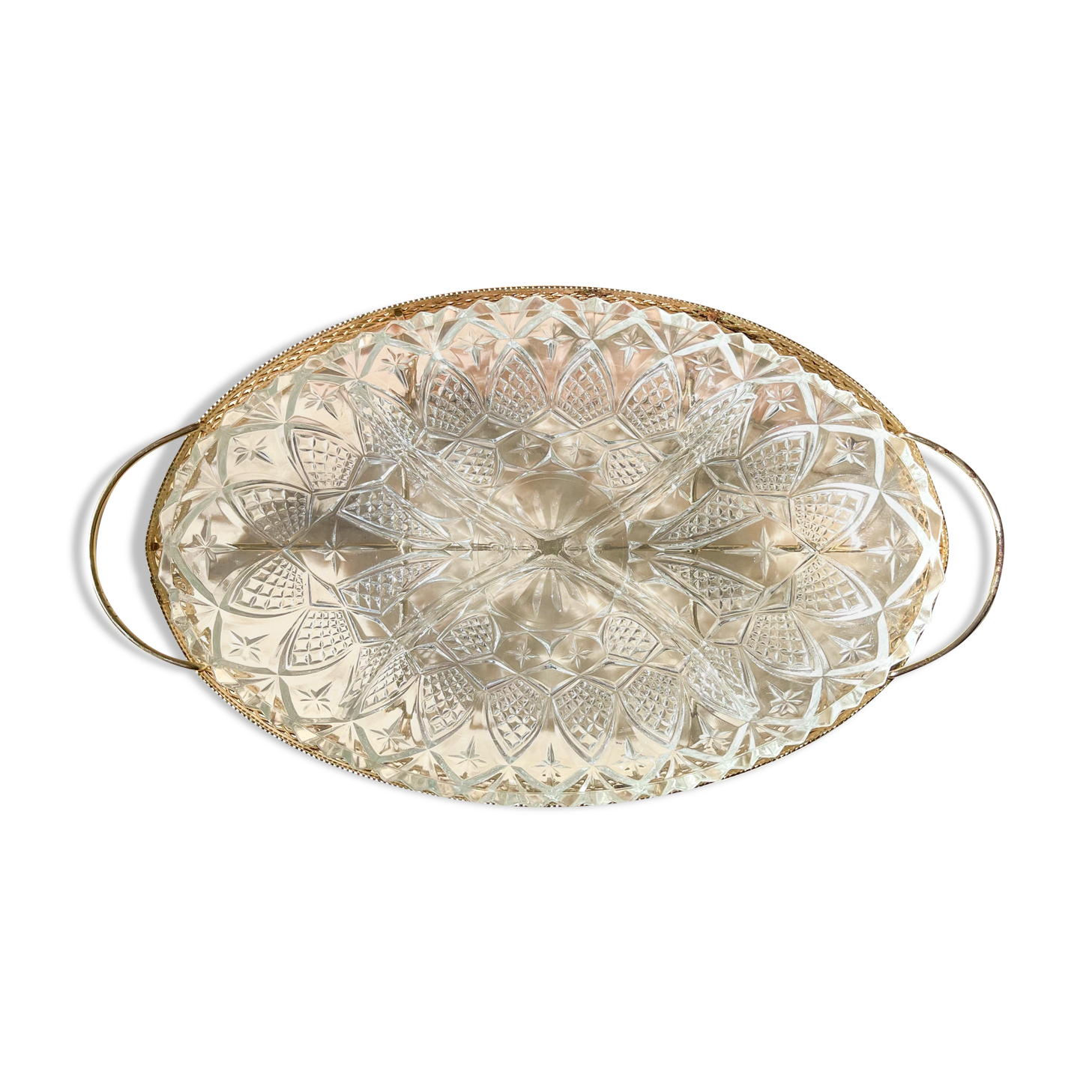 Serviteur apéritif en verre et métal doré vintage