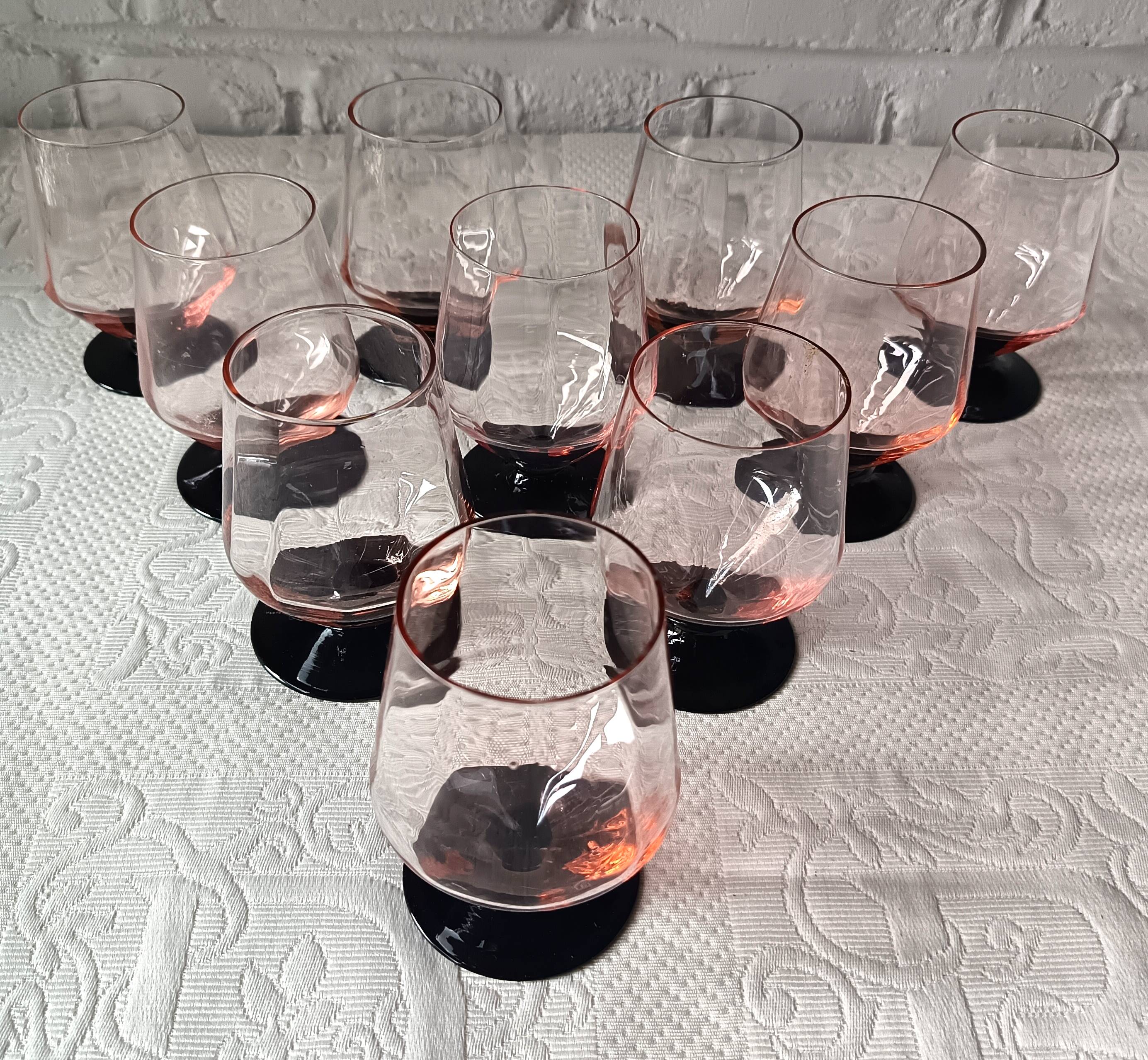 10 large pink art deco glasses with black stem Vintage France