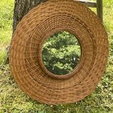 Large vintage mirror 1970 in woven wood, wicker rattan diameter 54 cm