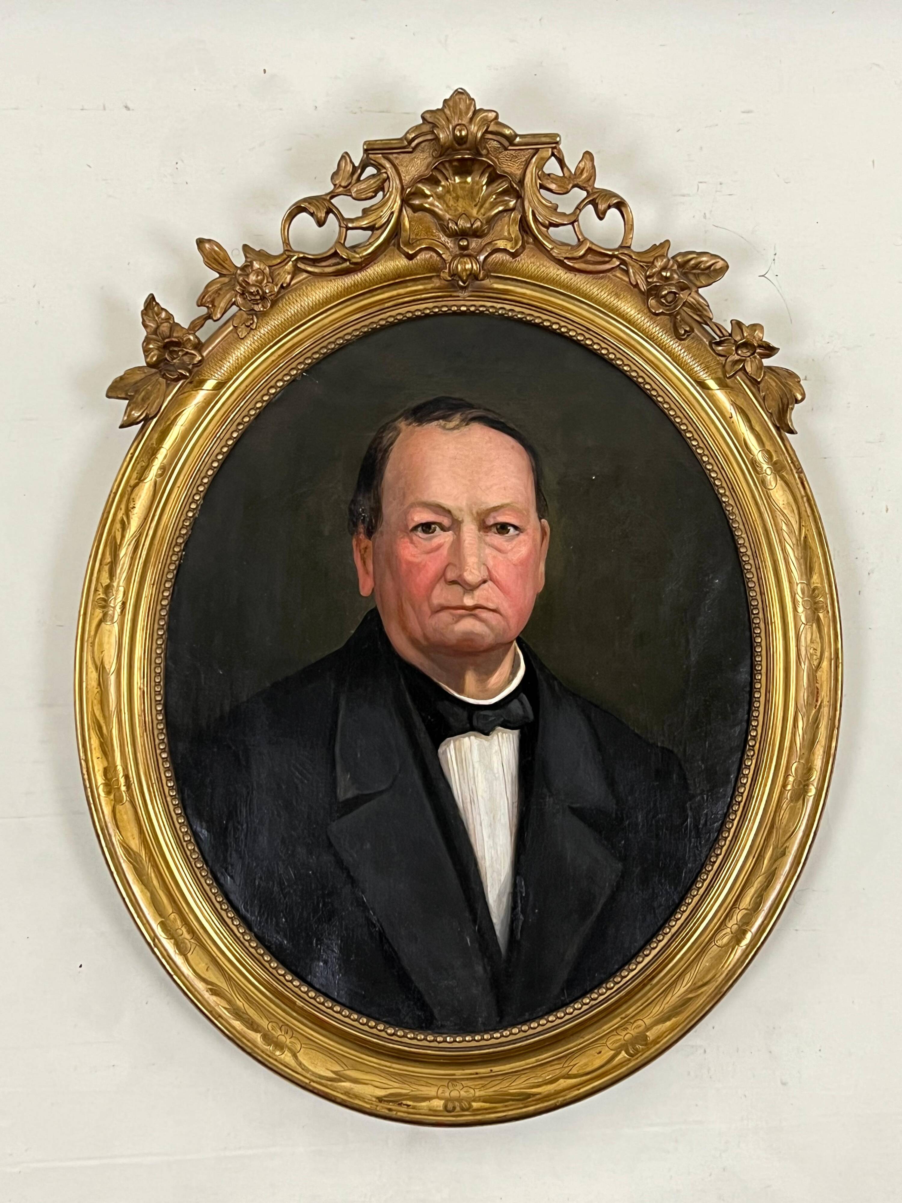 Old hst painting portrait of a man medallion golden frame louis xv style