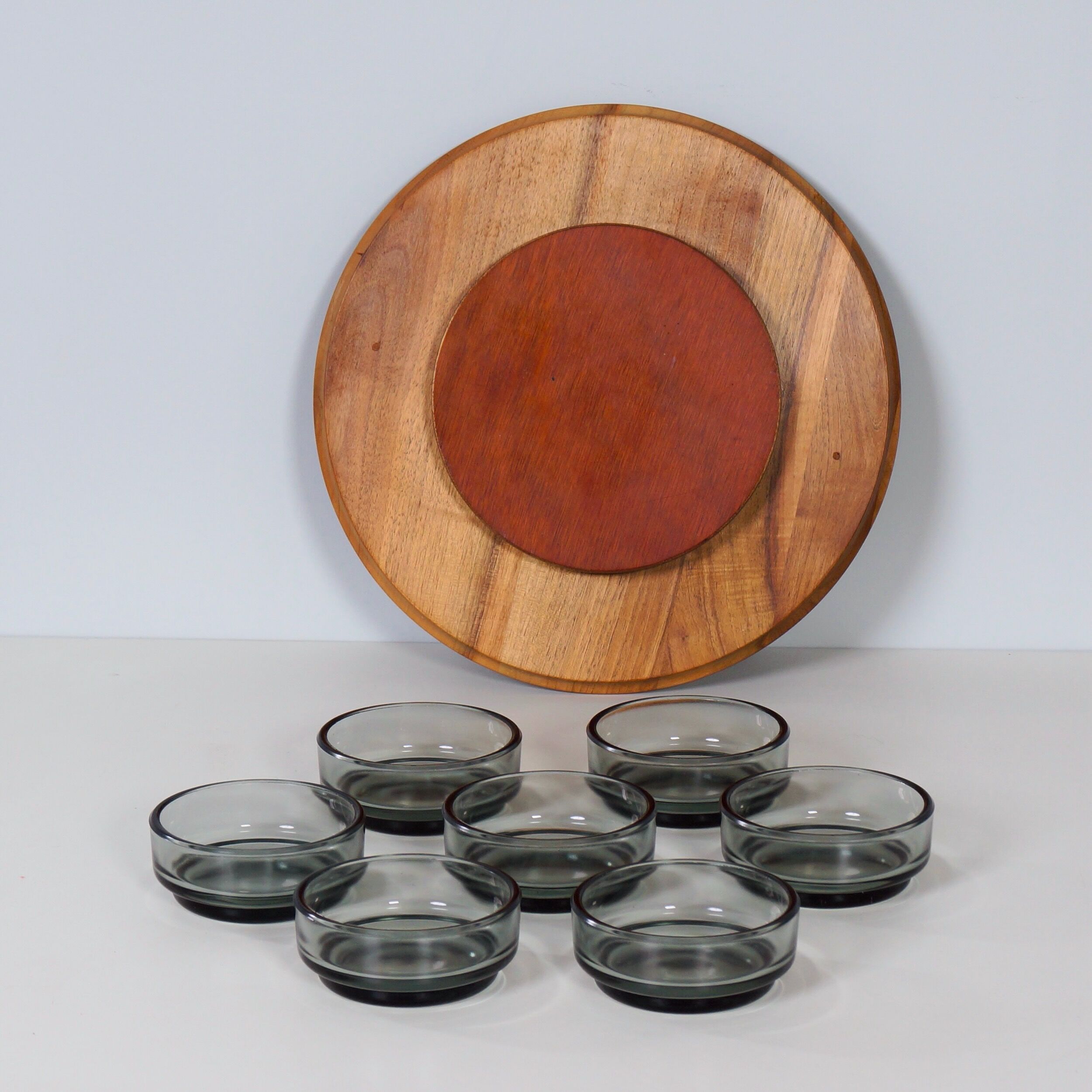 Vintage teak Lazy Susan with 7 glass bowls, 1960s