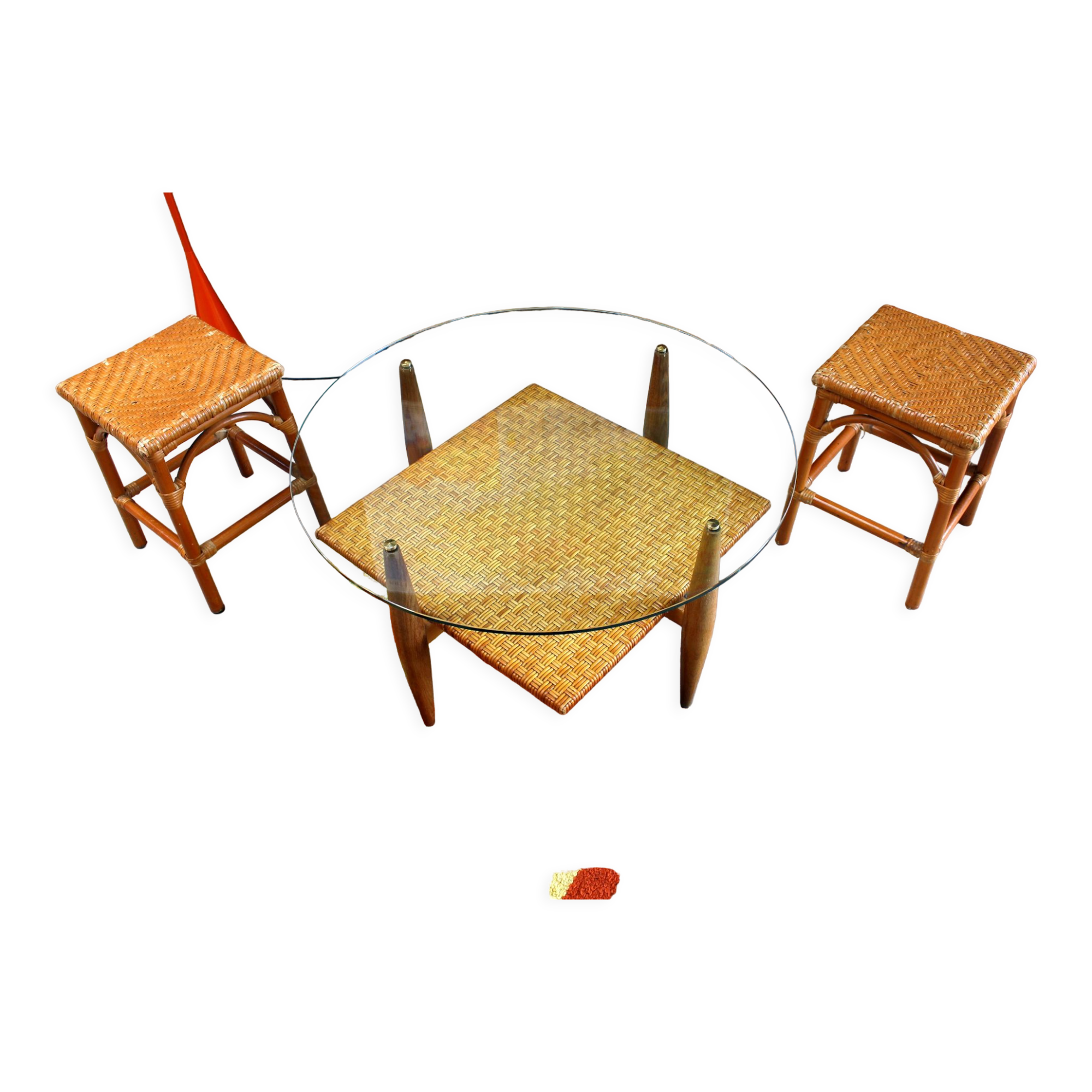 Rattan and wicker stool, vintage bedside table year 70