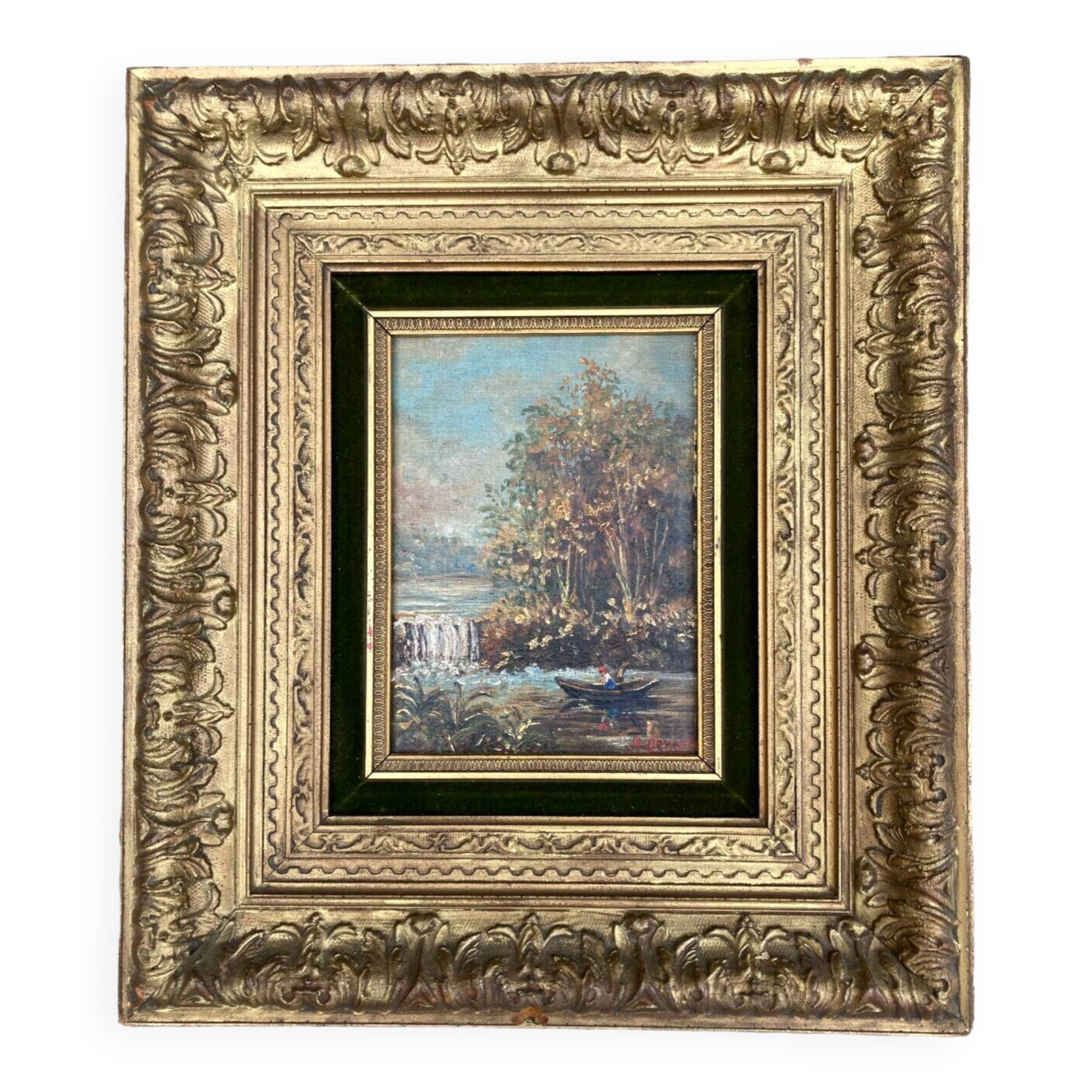 Old painting - The young girl at the bottom of the waterfall - golden frame