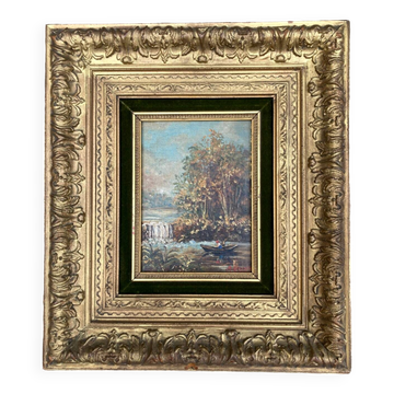Old painting - The young girl at the bottom of the waterfall - golden frame