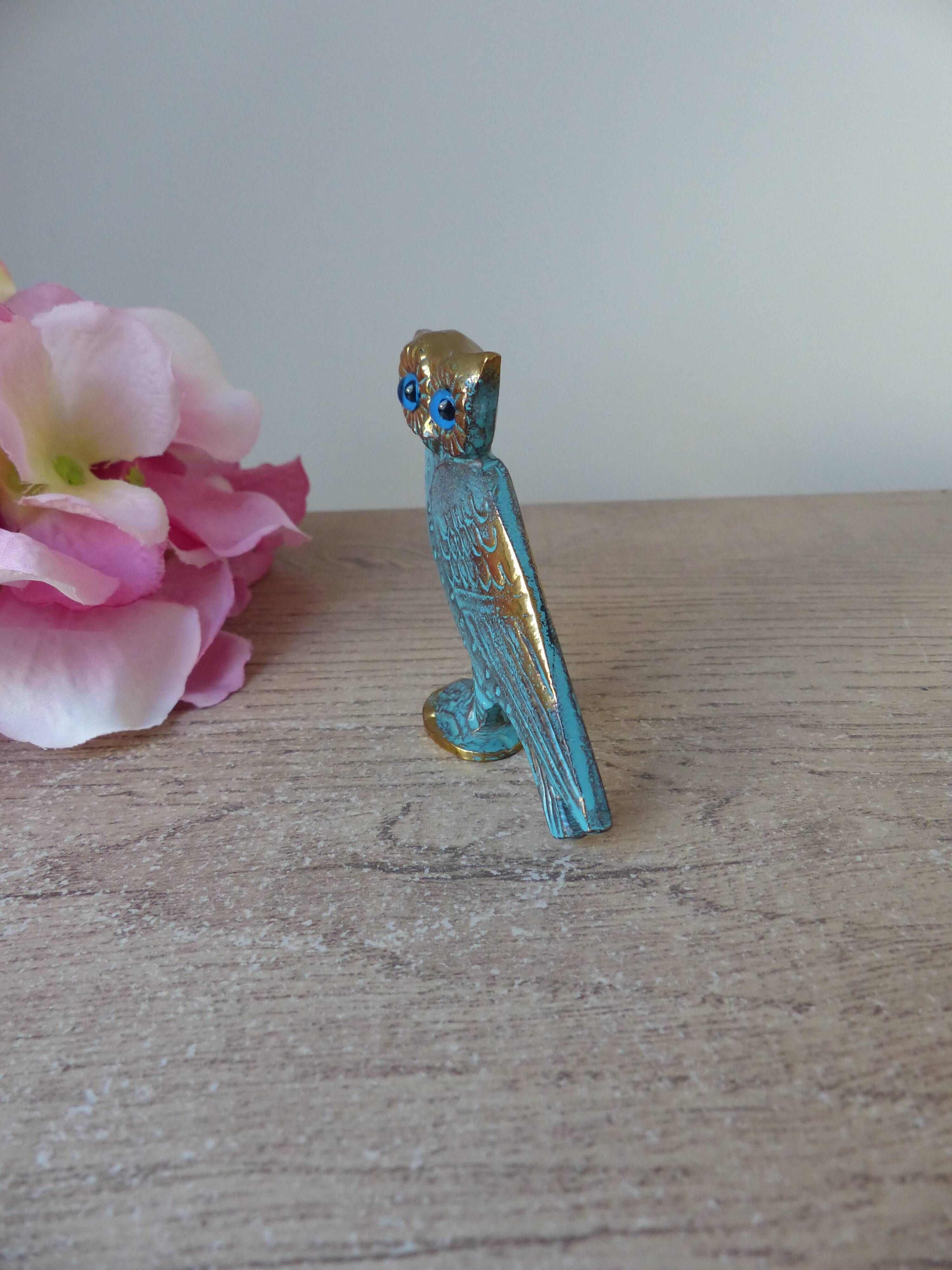 Miniature brass owl figurine with blue eyes, small owl vintage Greek art sculpture