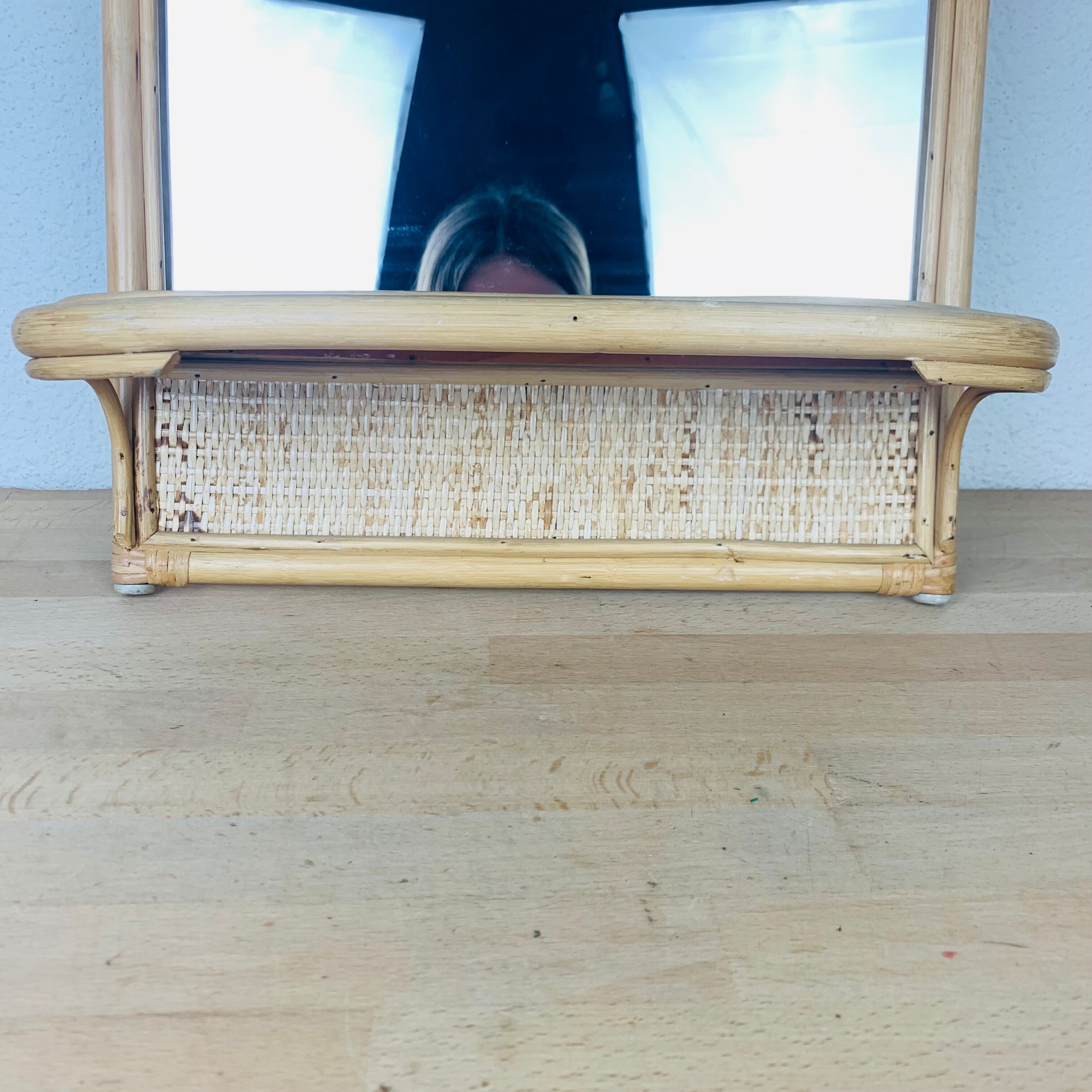 Miroir rotin avec tablette vintage années 60