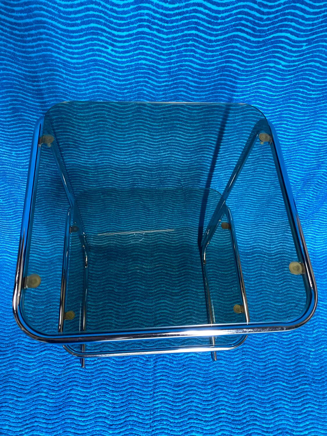 Vintage 1970s coffee table square chrome base u-shaped oval profile