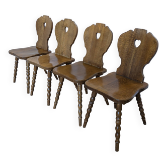 Set of 4 Vintage Tyrolean Heart Cutout Wooden Dining Chairs