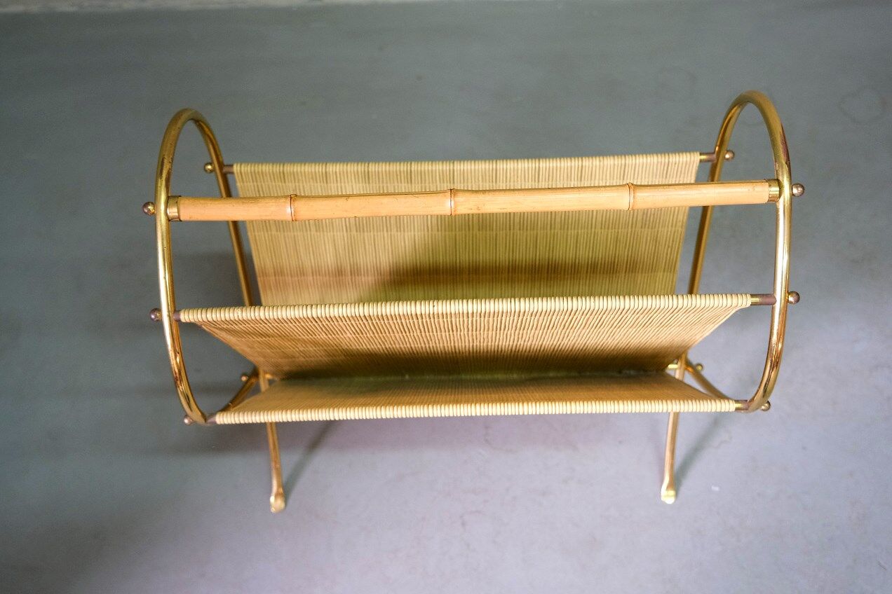 Mid-Century Modern Brass and Bamboo Magazine Rack, Austria 1950s