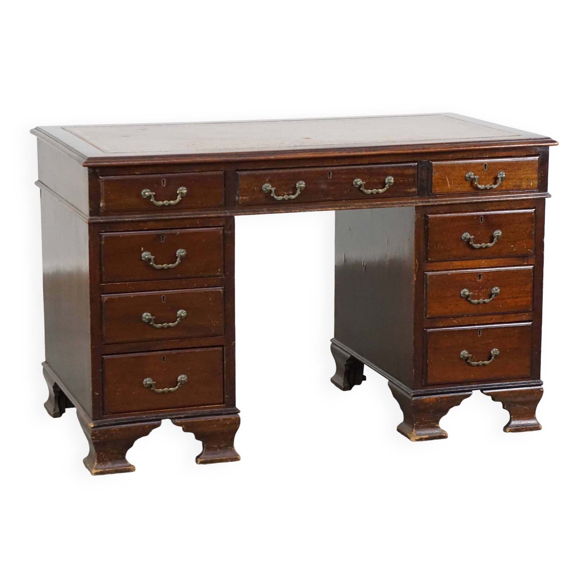 Bureau anglais 9 tiroirs en bois et cuir