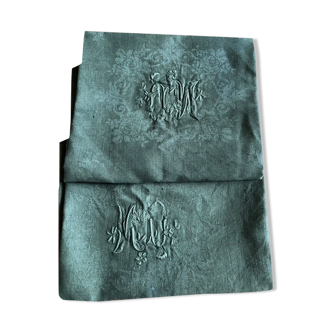 Pair of monogrammed khaki tea towels