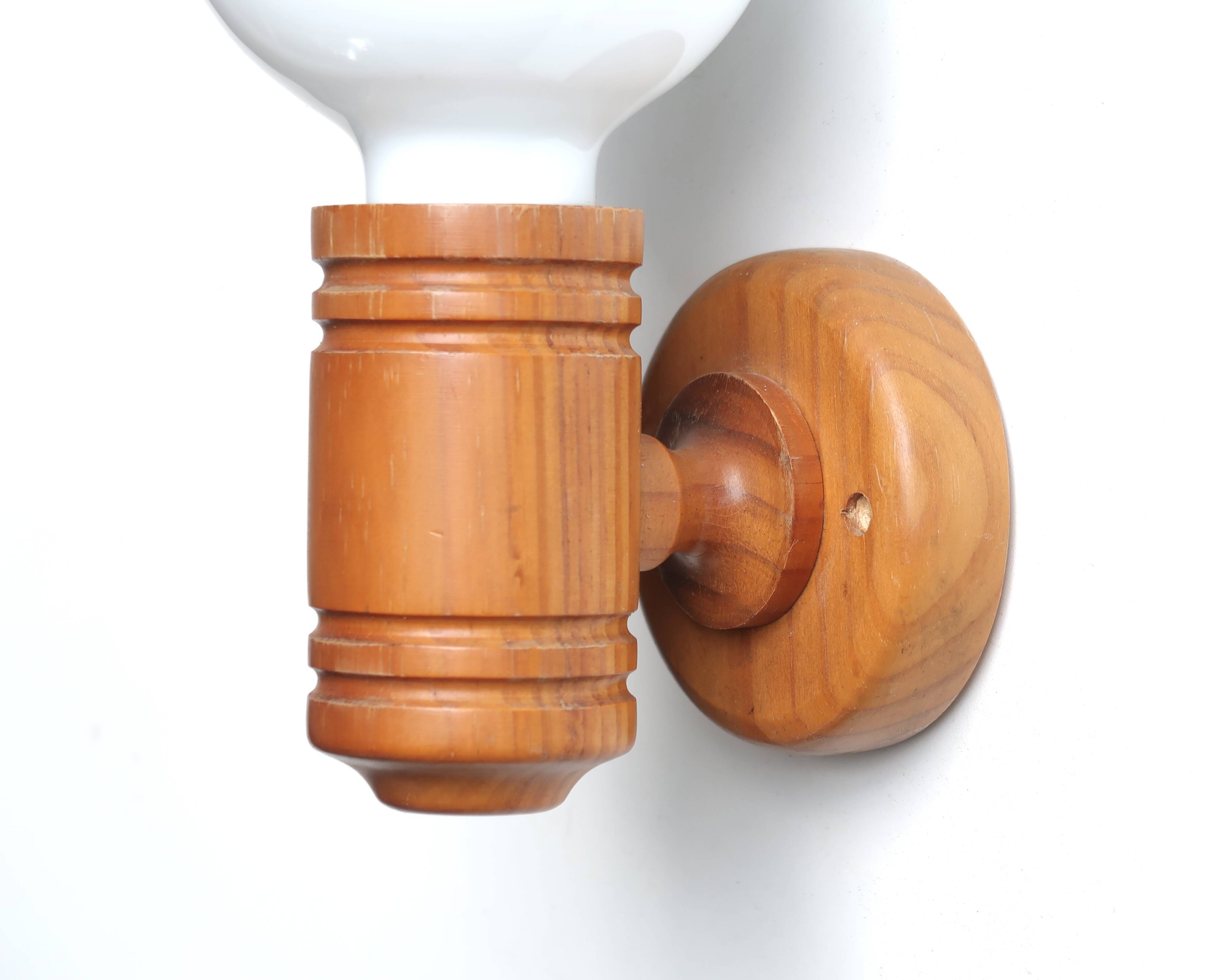 Wall lamp in pine wood and opaque white glass globe, 1970s