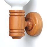 Wall lamp in pine wood and opaque white glass globe, 1970s