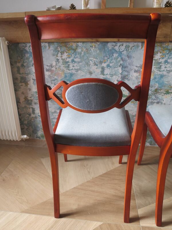 Rare- Lot de 4 chaises style Louis Philippe/restauration avec médaillon - Coloris bleu / merisier