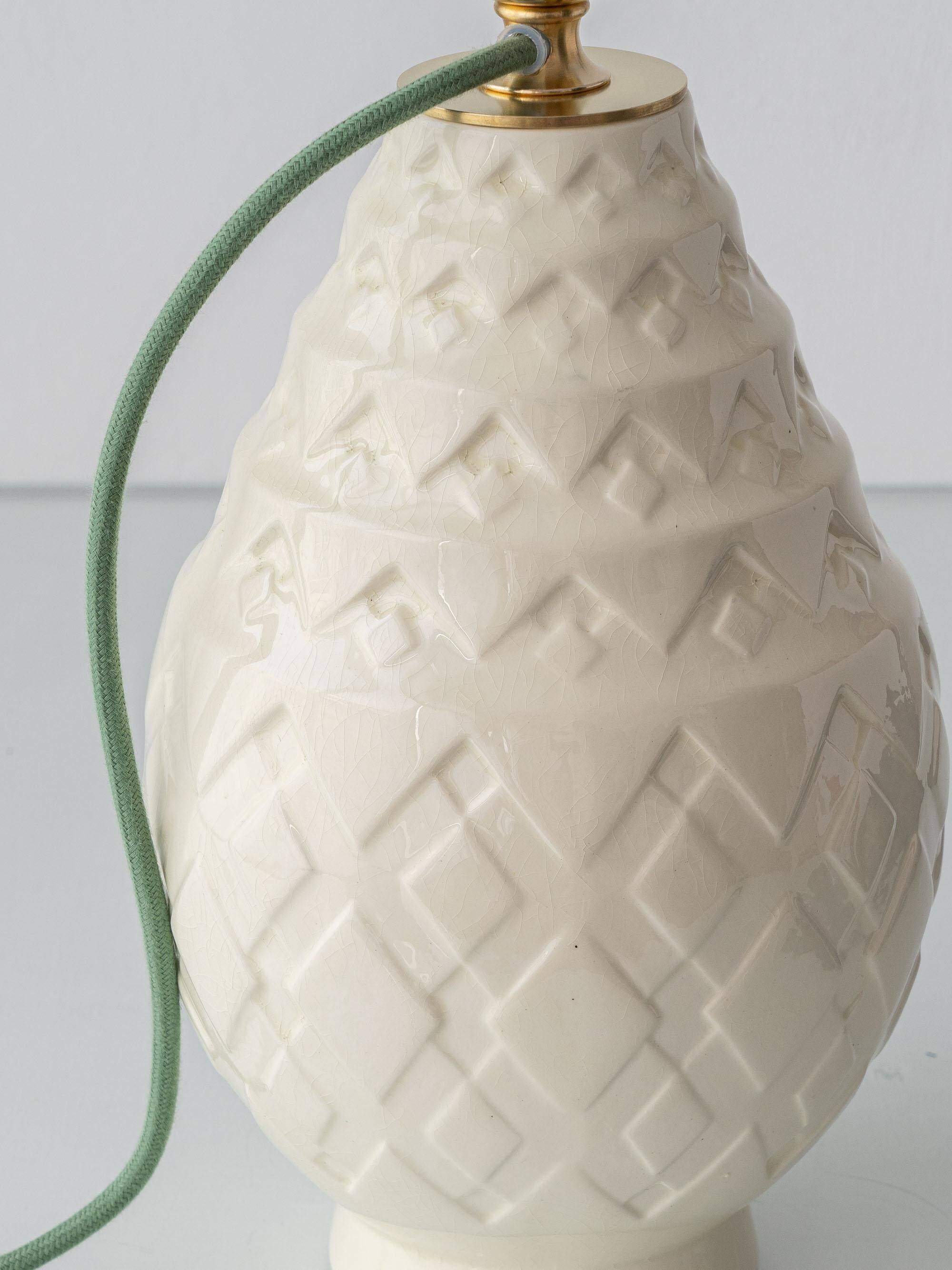 Art Deco table lamp by Charles Catteau for Boch Frères "Pineapple" with new Ikat silk shade.