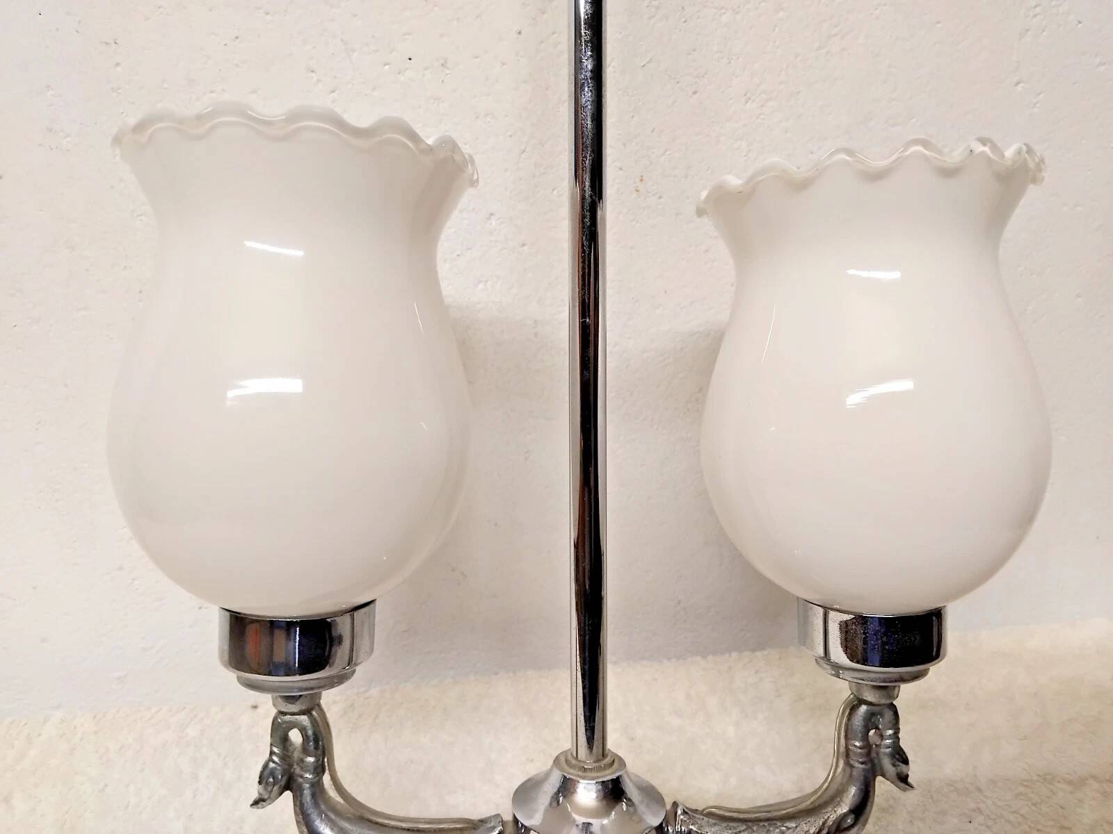Vintage opaline lampshade chrome duck 2-arm chandelier